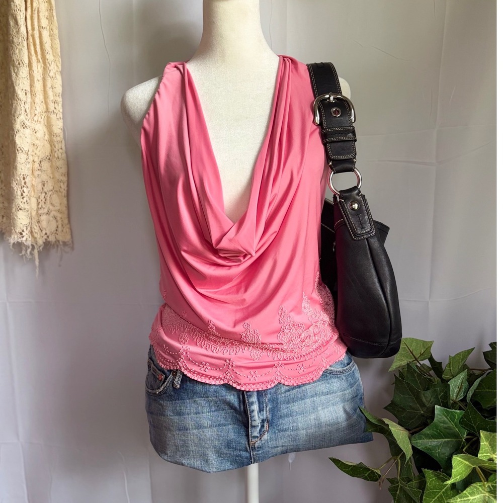 Y2K RARE Trixxi Pink Cowl Neck Halter Top Beaded Scalloped Hem Blouse Small